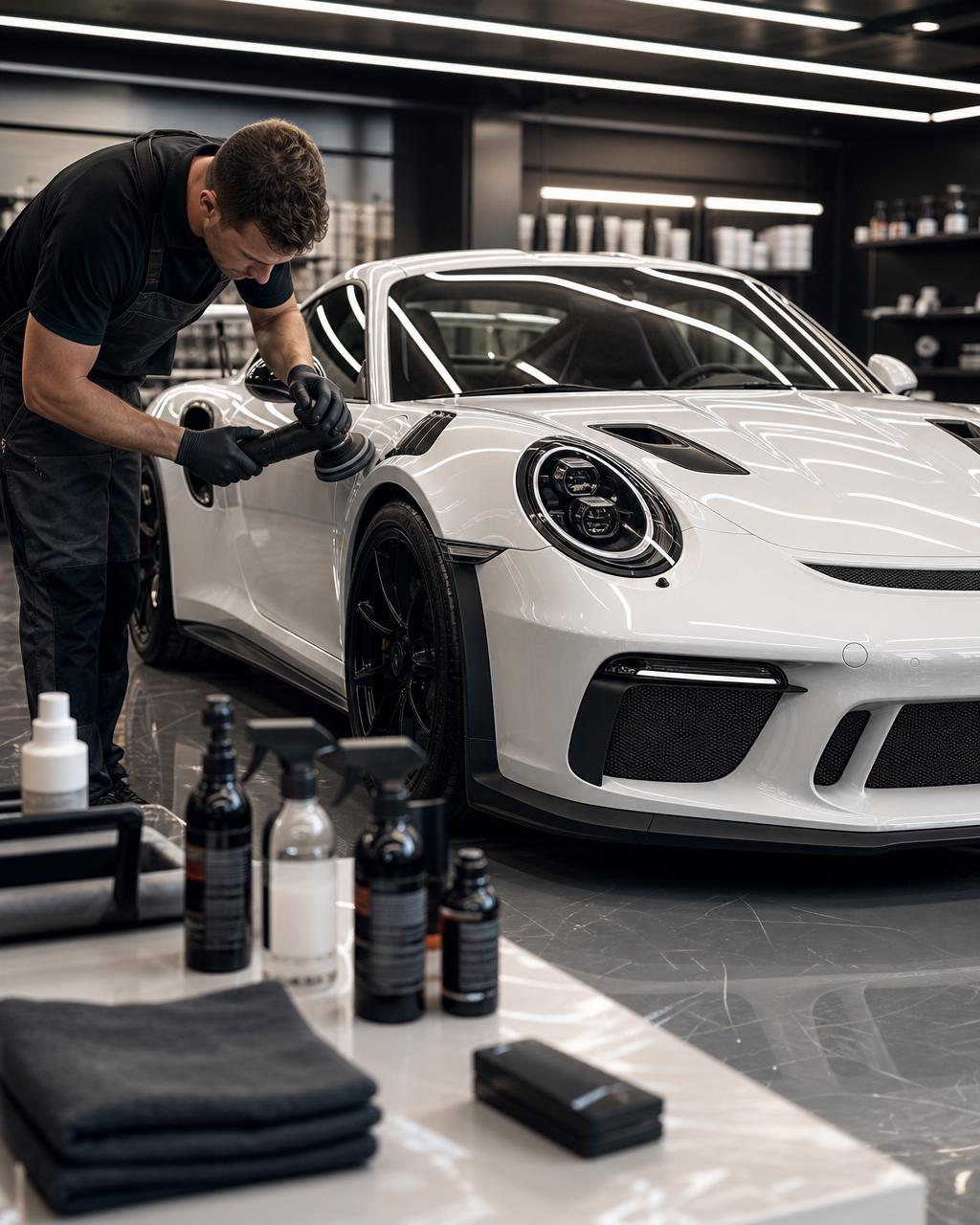 Professional technician polishing a white Porsche in a premium detailing workshop
