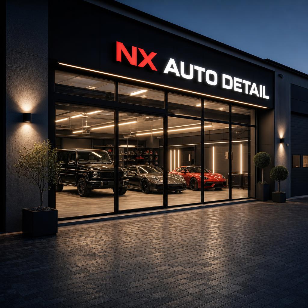 Gleam Car Detailing premium workshop storefront with large glass windows and dark facade