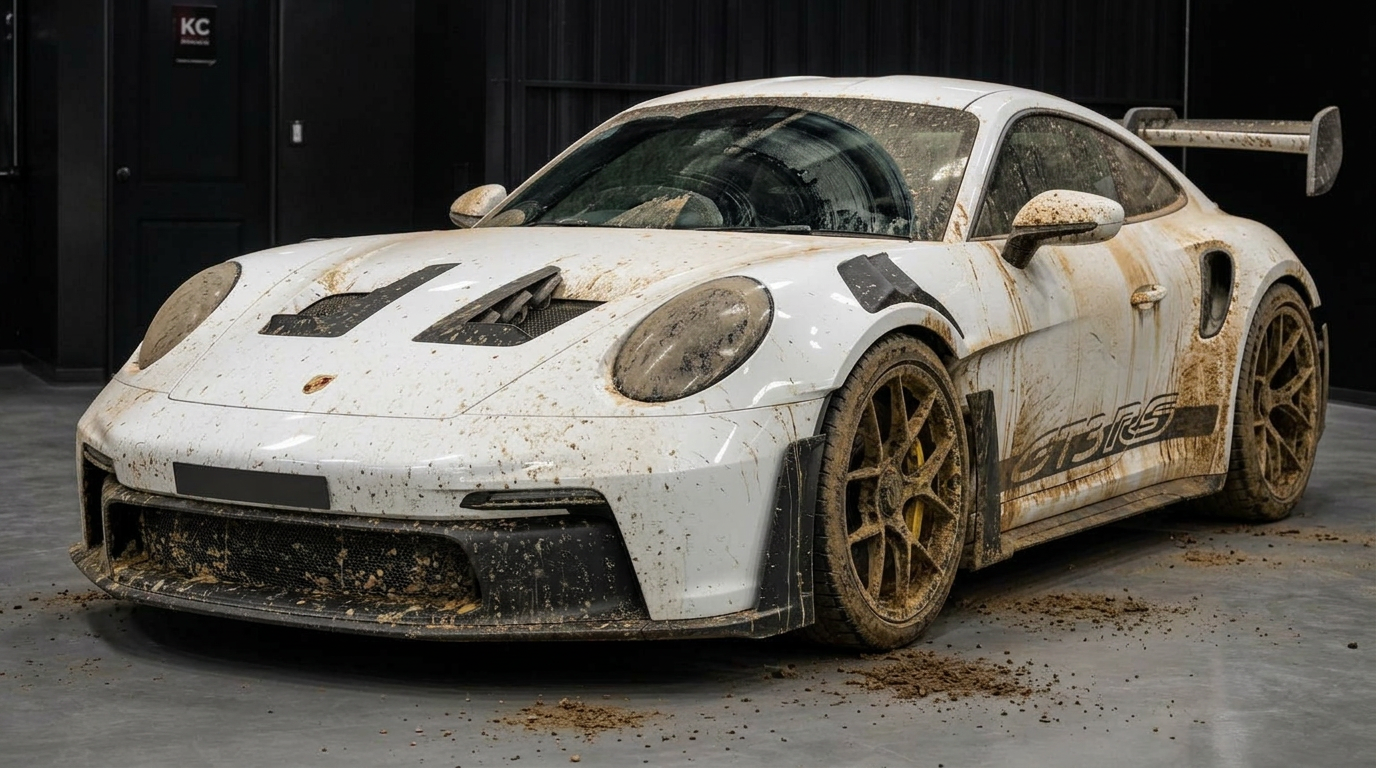White Porsche 911 GT3 RS covered in mud and dirt before detailing